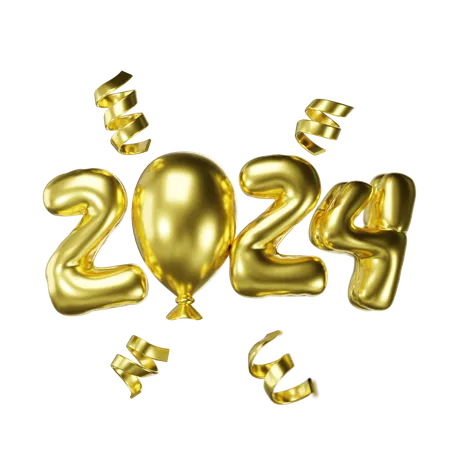 Happy New Year 2024 Gold Balloons With Ribbons 3 D Illustration 3D Icon