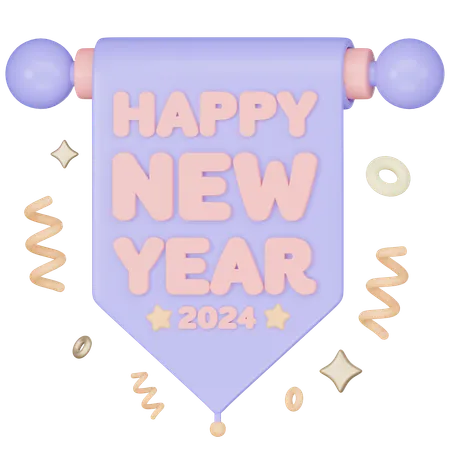 Banner Happy New Year 2024 With Star And Glitter 3 D Icon Render 3D Icon