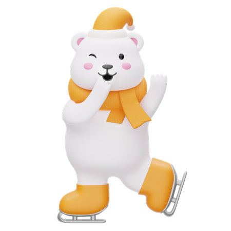 Happy Polar Bear Wearing Winter Roller Skates  3D Illustration