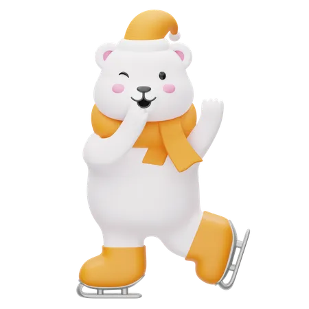 Happy Polar Bear Wearing Winter Roller Skates  3D Illustration