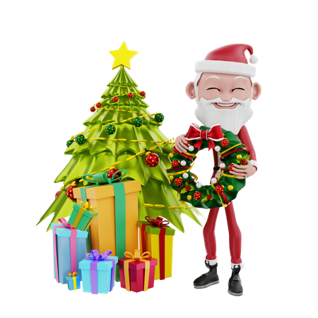 Happy santa claus holding wreath with gift  3D Illustration