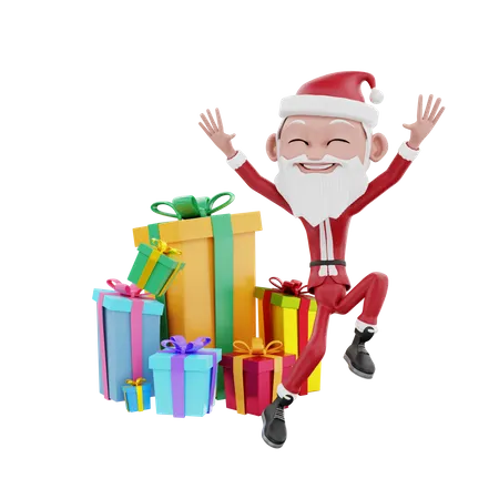 Happy santa claus with christmas gifts  3D Illustration