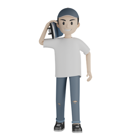 Happy Skateboarder Holding Skateboard  3D Illustration