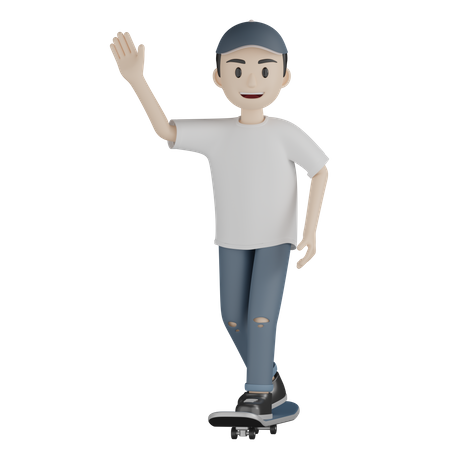 Happy Skateboarder Weaving Hand While Skateboarding  3D Illustration