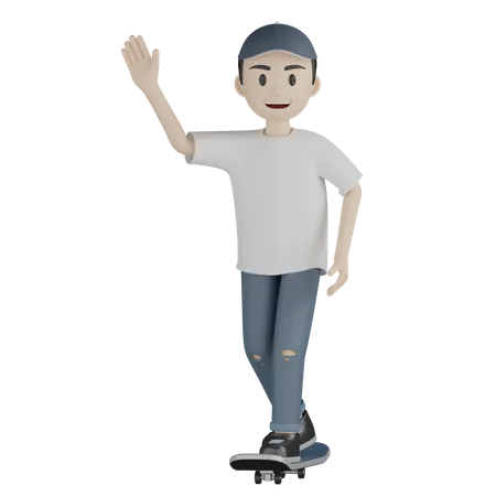 Happy Skateboarder Weaving Hand While Skateboarding  3D Illustration