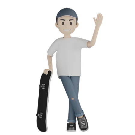 Happy Skateboarder Weaving Hand With Skateboard  3D Illustration