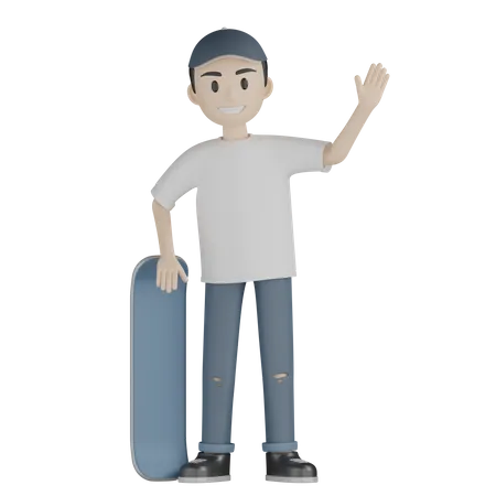 Happy Skateboarder Weaving Hand With Skateboard  3D Illustration
