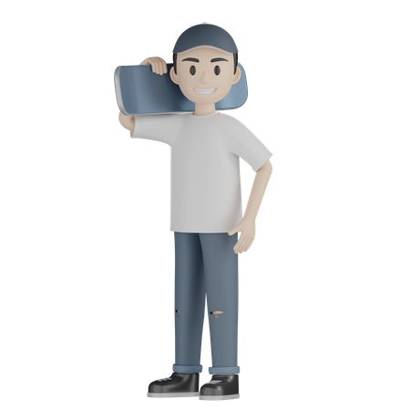 Happy Skater Holding Skateboard  3D Illustration