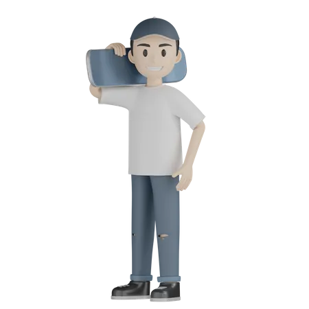 Happy Skater Holding Skateboard  3D Illustration