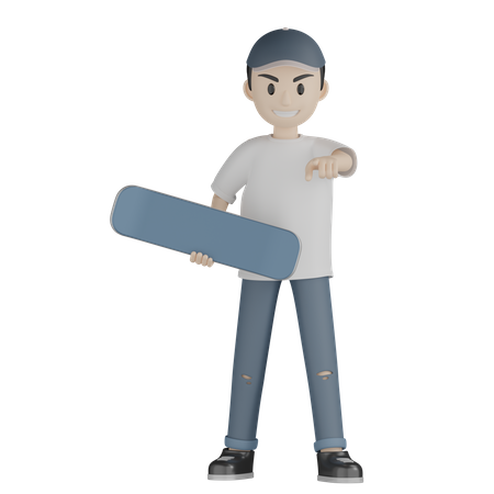 Happy Skater Showing Something While Holding Skateboard  3D Illustration