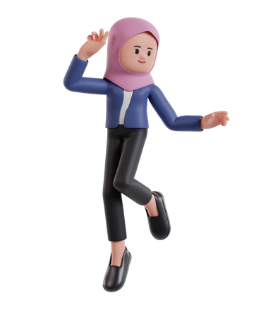 Happy successful Businesswoman wearing a hijab jumping  3D Illustration