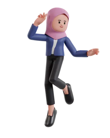 Happy successful Businesswoman wearing a hijab jumping  3D Illustration