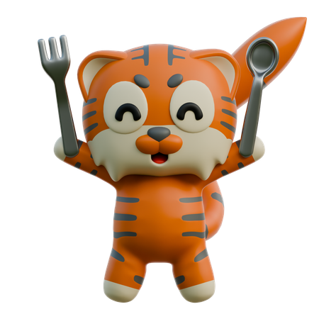 スプーンとフォークを持った幸せなトラ  3D Illustration