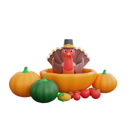 Happy Turkey Bird With Pupkins  3D Icon