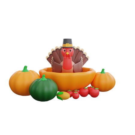 Happy Turkey Bird With Pupkins  3D Icon