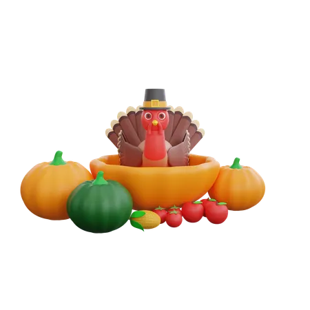 Happy Turkey Bird With Pupkins  3D Icon