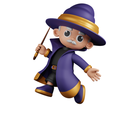 Happy Wizard Jumping  3D Illustration