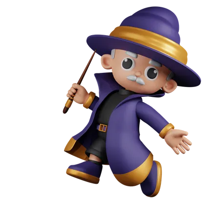 Happy Wizard Jumping  3D Illustration