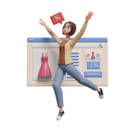 Happy Woman celebrating get discount when shopping through the website  3D Illustration