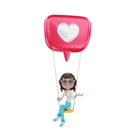 Happy Woman on love air balloon  3D Illustration