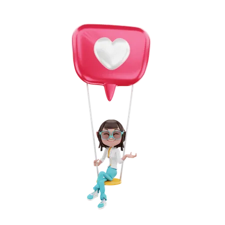 Happy Woman on love air balloon  3D Illustration