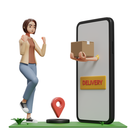 Happy woman receiving package from courier popping up from mobile screen  3D Illustration