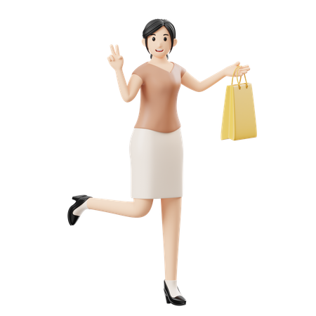 Happy Woman Running While Holding Shopping Bag  3D Illustration