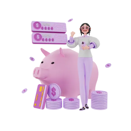 Happy woman transfer money for piggy savings 3D Illustration
