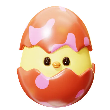 Cute Cartoon 3 D Baby Chick Hatching From Abstract Red And Pink Pattern Easter Egg Cracked Chick Egg Happy Easter Day Festival Spring Holiday 3D Icon