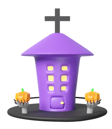3 D Happy Halloween Day With Haunted House Cross Zombie Hand Holding A Pumpkin Lantern Isolated Holiday Party 3D Icon
