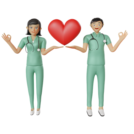 Health care nurse team holding heart  3D Illustration