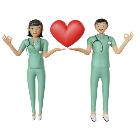 Health care nurse team holding heart  3D Illustration