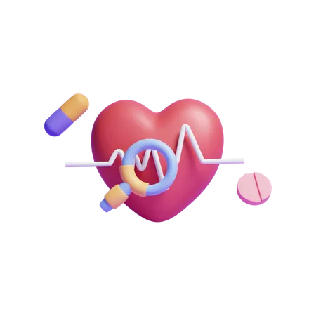 3 D Human Red Heart With Pulse Line With Search Bar And Medical Piles Or 3 D Medical Equipment Icon 3D Icon
