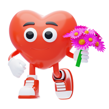Heart Character Carrying Flowers  3D Illustration