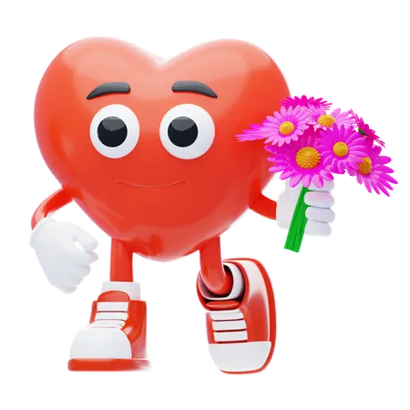 Heart Character Carrying Flowers  3D Illustration