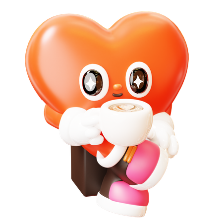 Heart Character Drinking Coffee  3D Icon