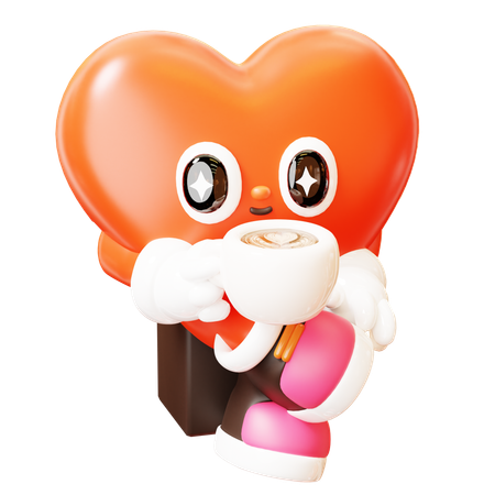 Heart Character Drinking Coffee  3D Illustration