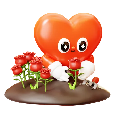 3 D Cute Cartoon Red Heart Character Gardening Roses Happy Valentines Day Love Couple Concept Romantic Mascot 3D Illustration