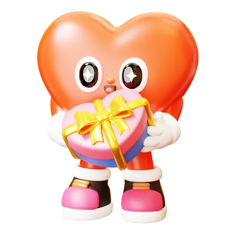 3 D Cute Cartoon Red Heart Character Giving Heart Shaped Gift Box Happy Valentines Day Love Couple Concept Romantic Mascot 3D Illustration