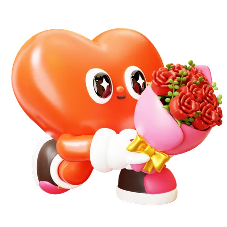 3 D Cute Cartoon Red Heart Character Kneel Giveing Rose Bouquet Happy Valentines Day Love Couple Concept Romantic Mascot 3D Illustration