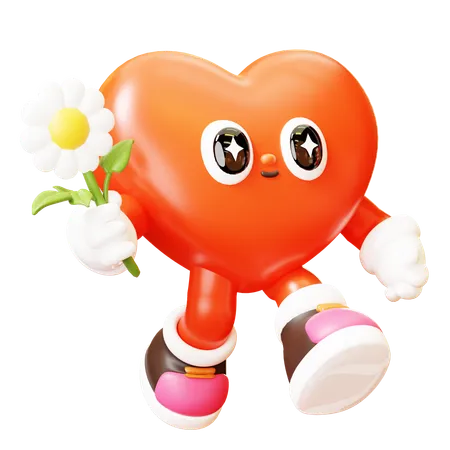 3 D Cute Cartoon Red Heart Character Hold Flower Happy Valentines Day Love Couple Concept Romantic Mascot 3D Illustration