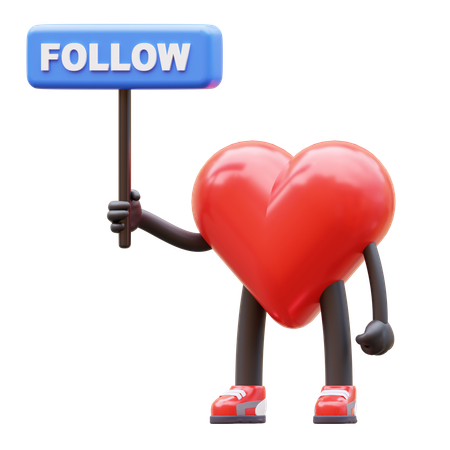 Heart Character Holding Follow Sign  3D Icon