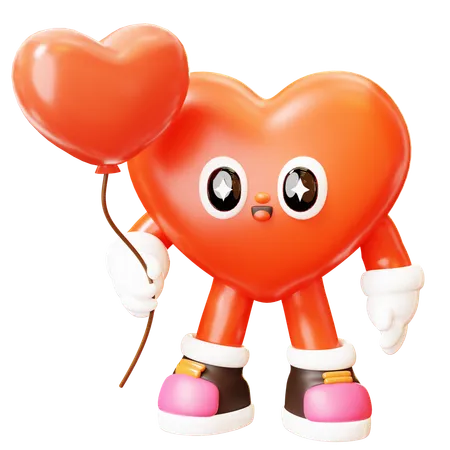 3 D Cute Cartoon Red Heart Character Hold Balloon Happy Valentines Day Love Couple Concept Romantic Mascot 3D Illustration