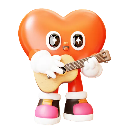 3 D Cute Cartoon Red Heart Character Playing Guitar Happy Valentines Day Love Couple Concept Romantic Mascot 3D Illustration