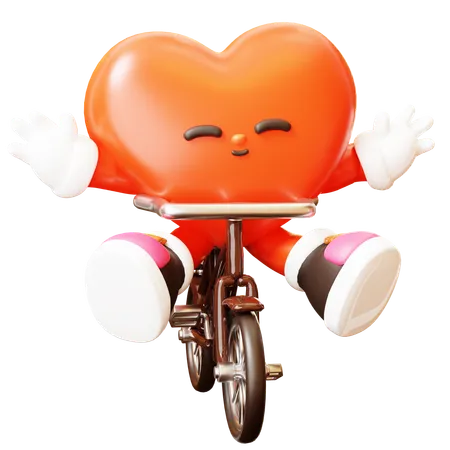 3 D Cute Cartoon Happy Red Heart Character Riding Bycycle Happy Valentines Day Love Couple Concept Romantic Mascot 3D Illustration
