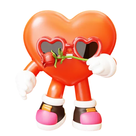 3 D Cute Cartoon Red Heart Character Rose In His Mouth Happy Valentines Day Love Couple Concept Romantic Mascot 3D Illustration