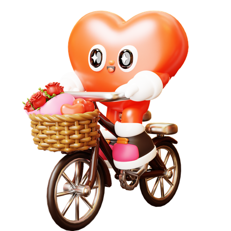 Heart Character Send Rose Bouquet By Bicycle  3D Illustration