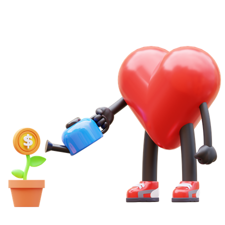 Heart Character watering dolalr plant  3D Icon