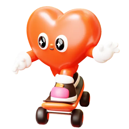 3 D Cute Cartoon Red Heart Character With Skateboard Happy Valentines Day Love Couple Concept Romantic Mascot 3D Illustration
