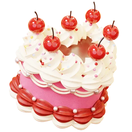 Cute Cartoon 3 D Heart Shaped Cake Decorated With Cherries For Birthday Valentines Day Happy Valentines Day Anniversary Wedding Love Concept 3D Icon